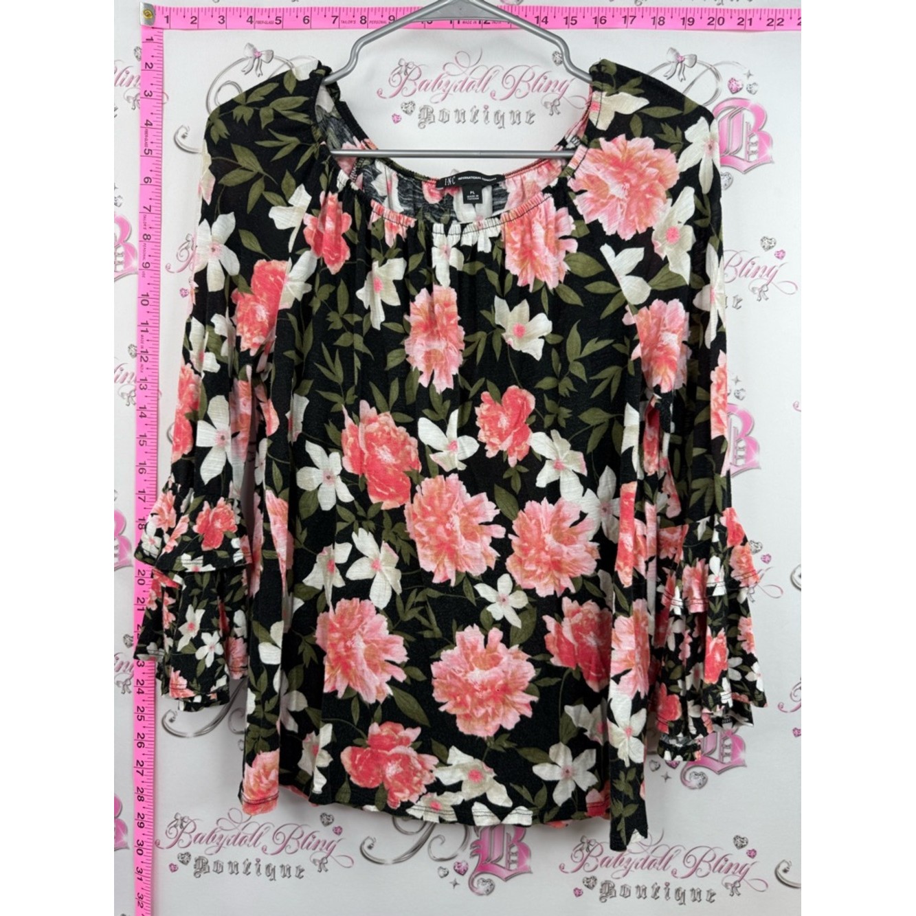 Inc International Concepts Top Black Floral Ruffle Sleeve Blouse - Coral & White